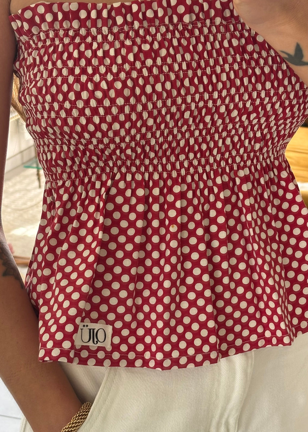 Top smocké pois rouge - Pièce unique