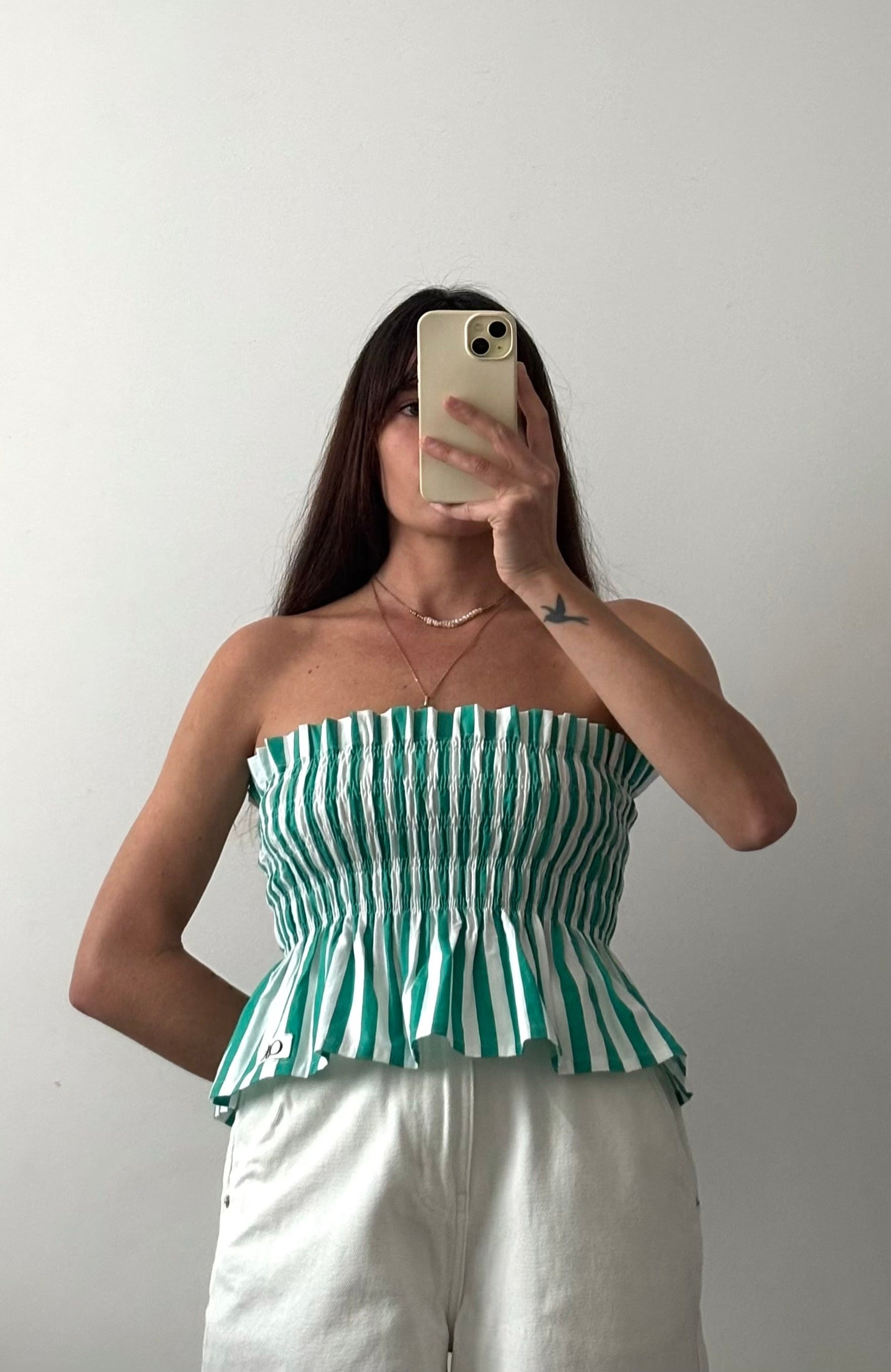 Top smocké Rayé vert et blanc – Pièce unique