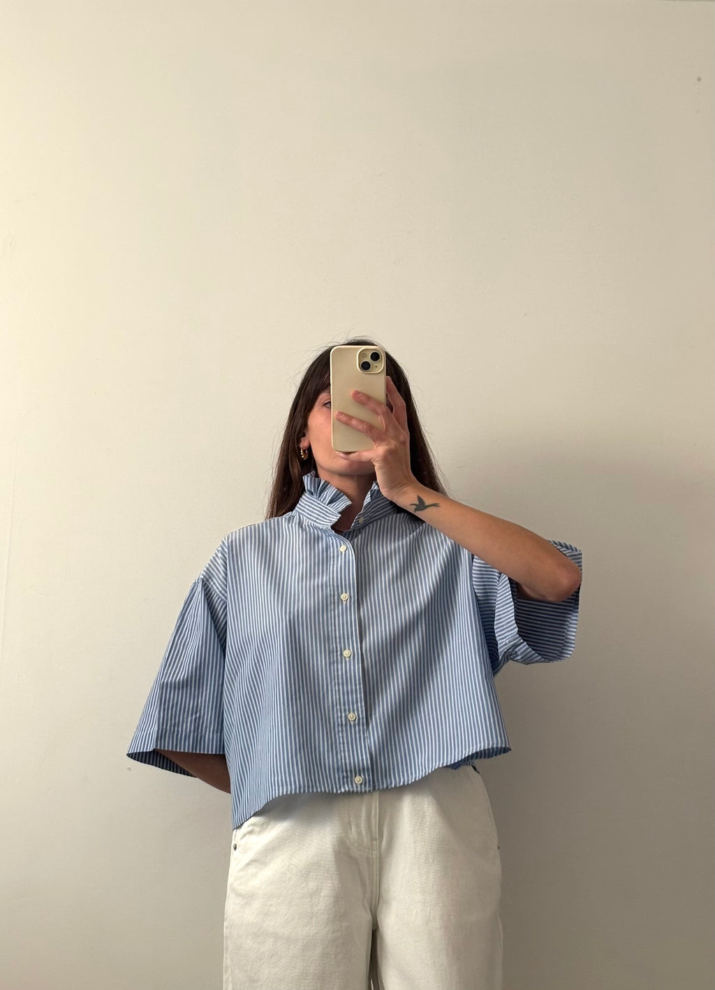 Chemise col volant Rayée bleu et blanc – Pièce unique