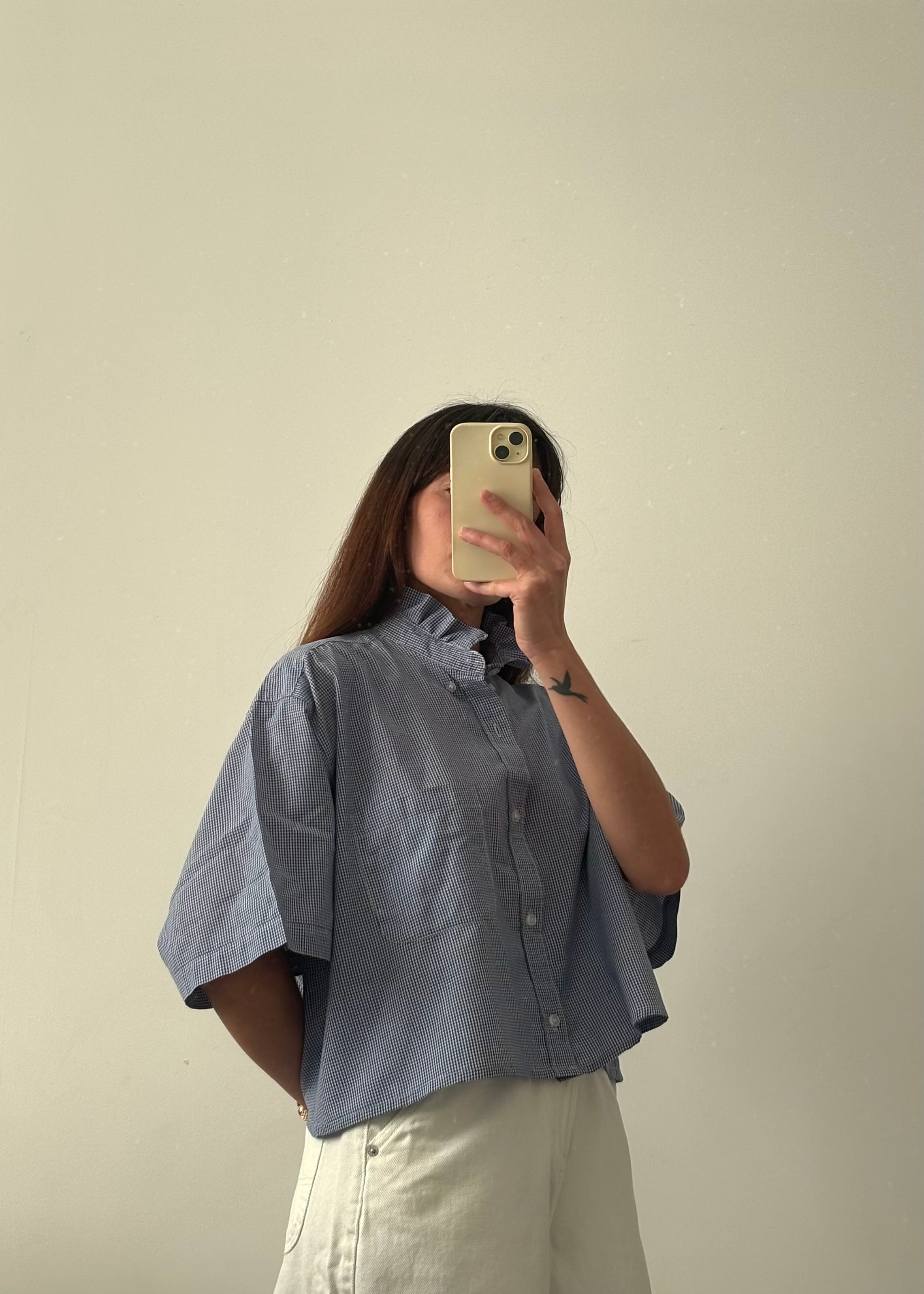 Chemise col volant Vichy bleu et blanc – Pièce unique
