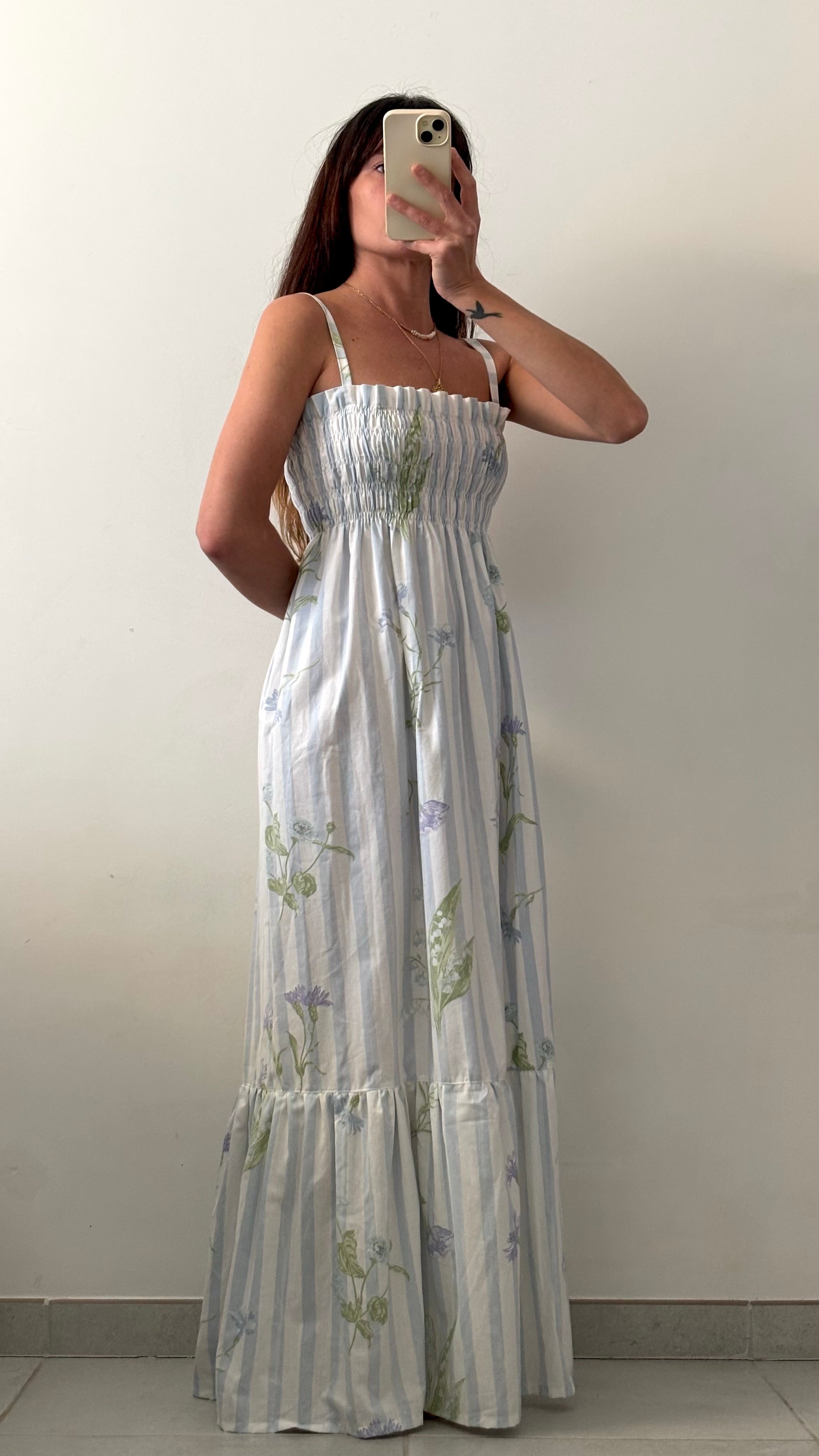 Robe longue smockée Rayures et fleurs – Pièce unique