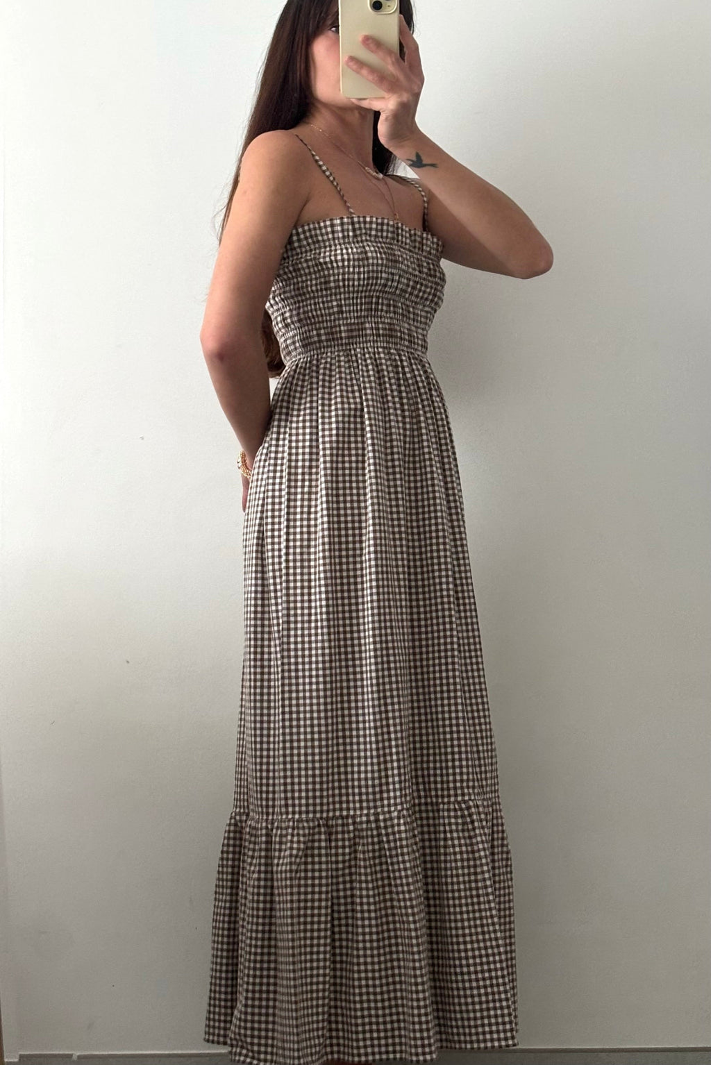 Robe longue smockée Vichy marron – Pièce unique