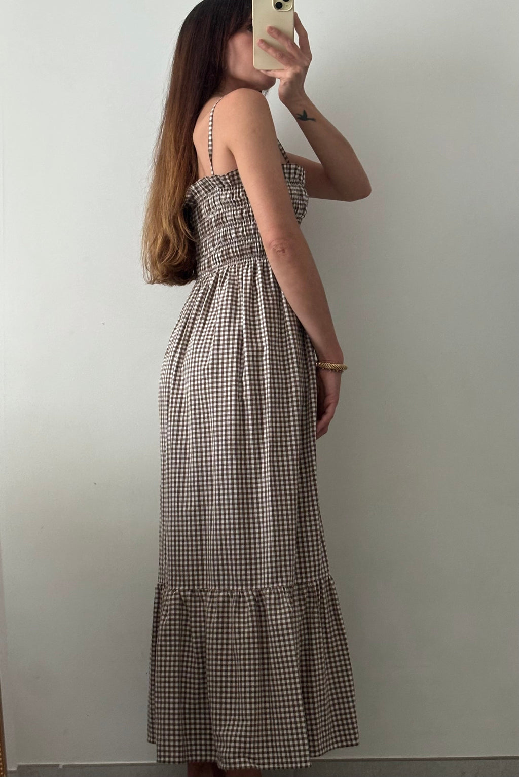 Robe longue smockée Vichy marron – Pièce unique