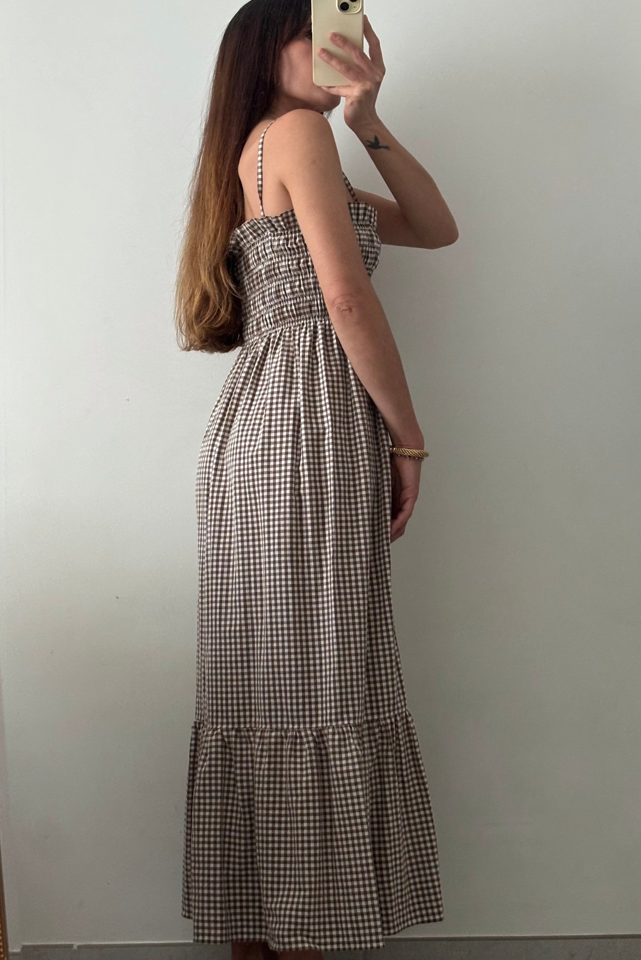 Robe longue smockée Vichy marron – Pièce unique