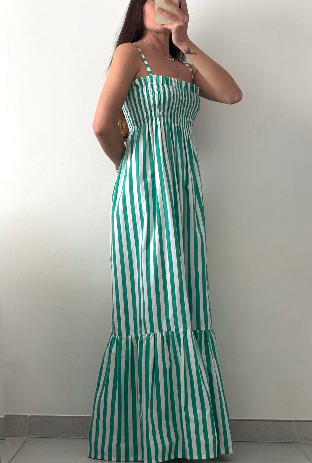Robe longue smockée Rayée vert et blanc – Pièce unique