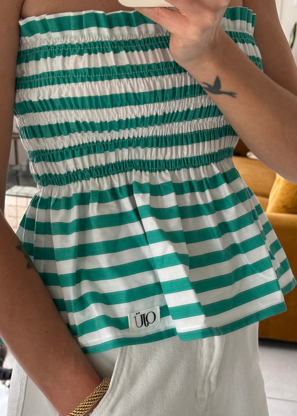 Top smocké Rayé vert et blanc – Pièce unique