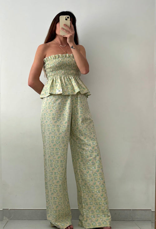 Ensemble Top + Pantalon vert et fleurs lilas – Pièce unique