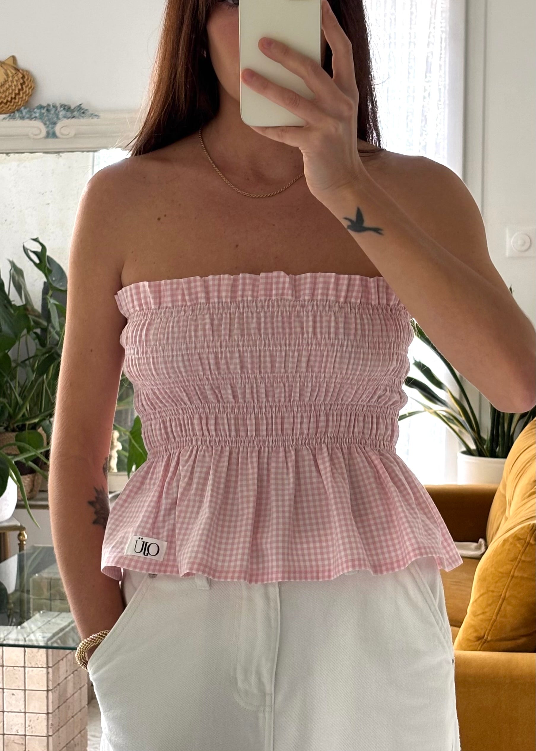 Top smocké vichy rose – Pièce unique