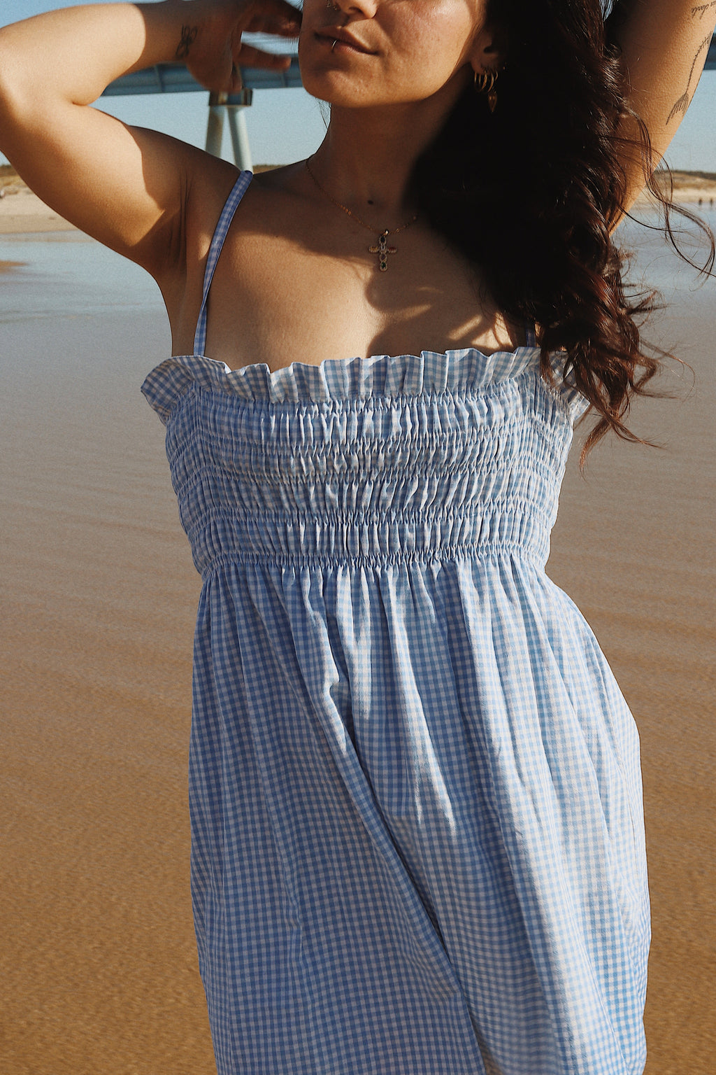 Robe courte smockée Vichy bleu – Pièce unique