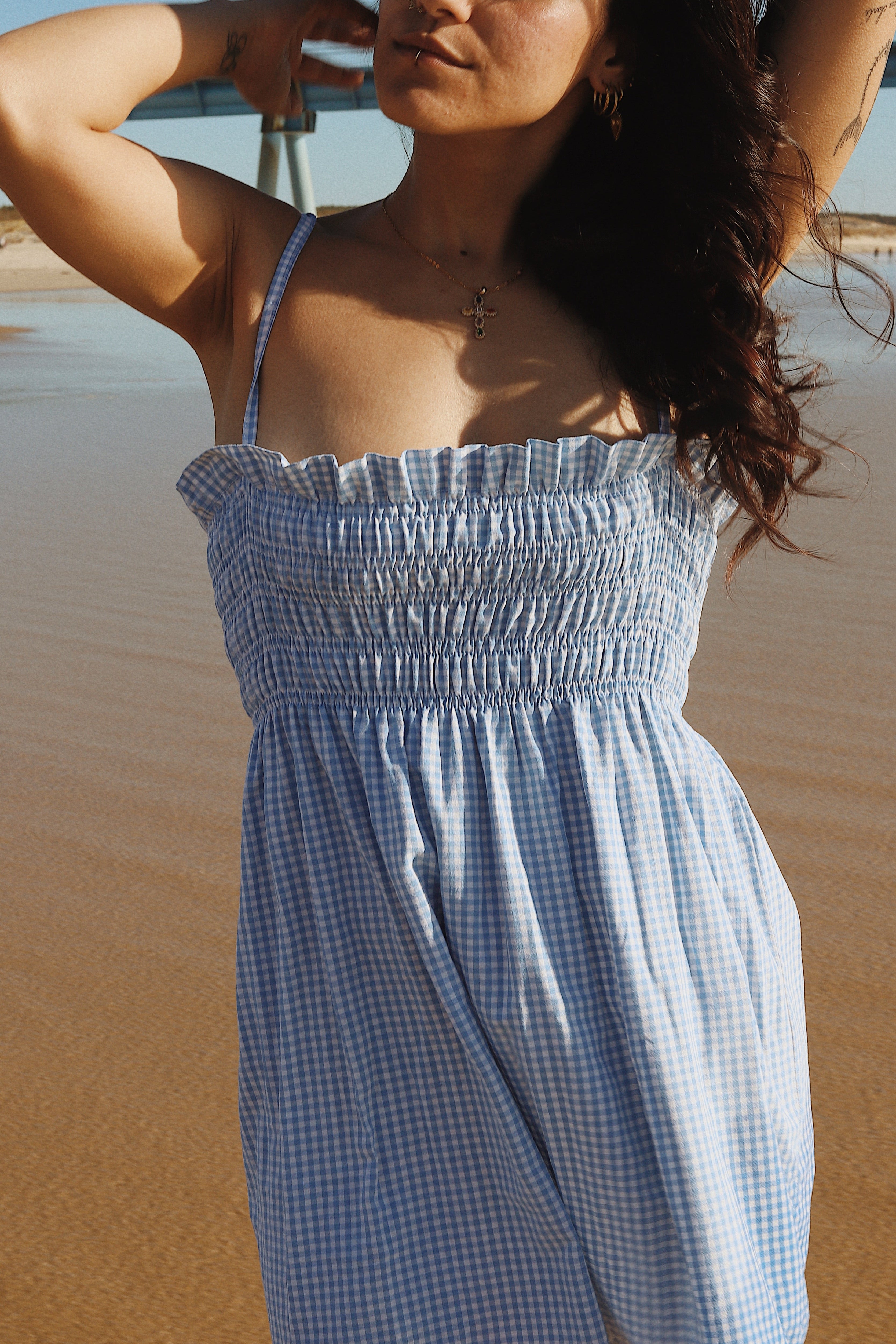 Robe courte smockée Vichy bleu – Pièce unique