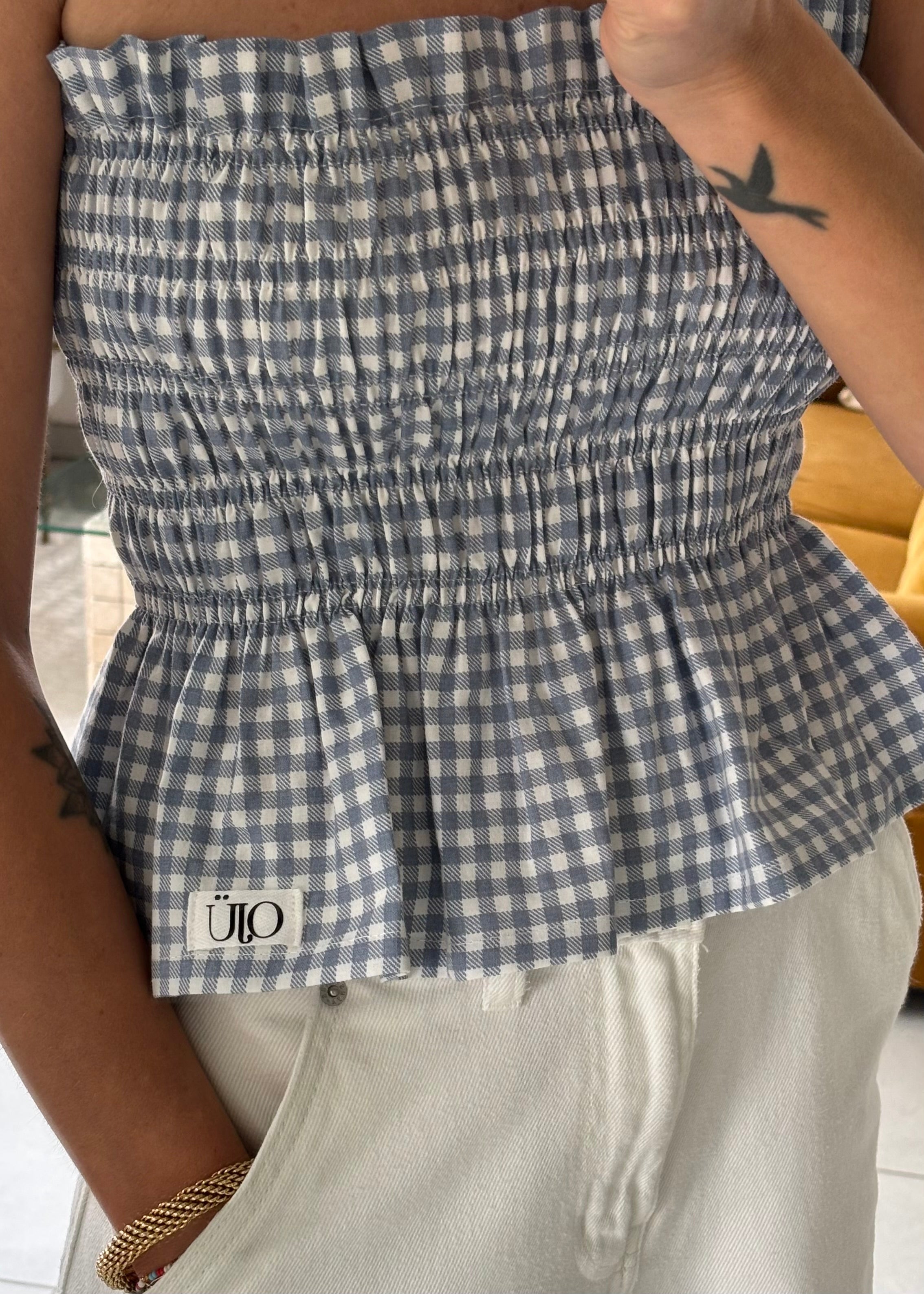 Top smocké vichy bleu et blanc – Pièce unique