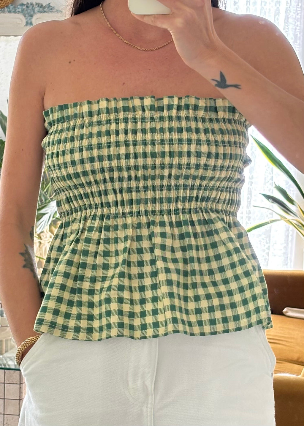 Top smocké vichy vert - Pièce unique