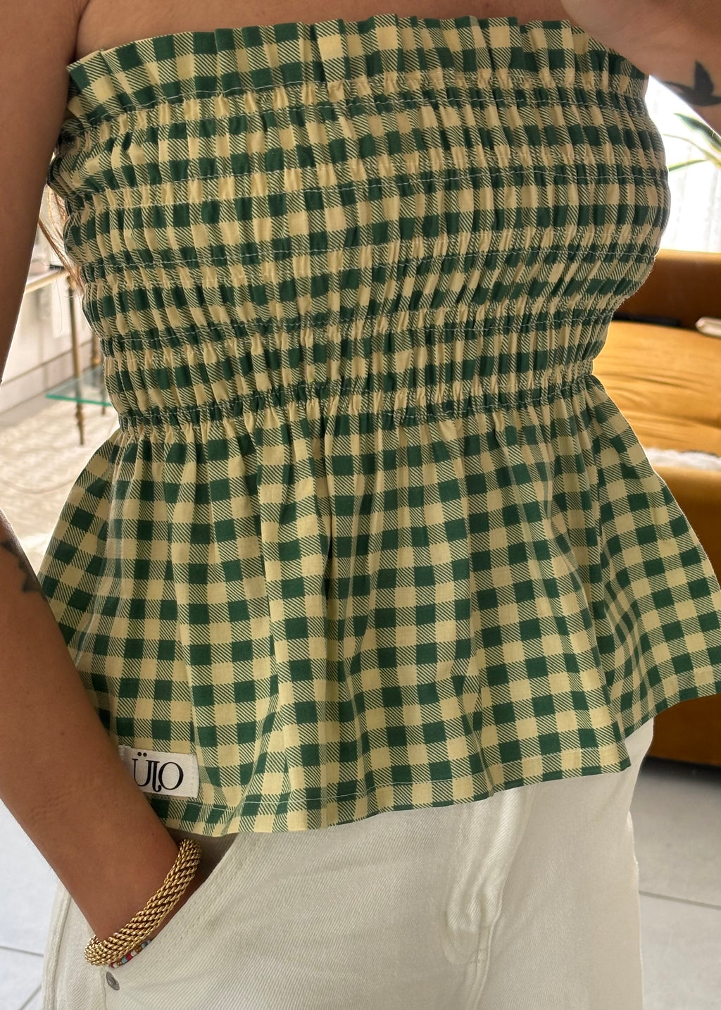 Top smocké vichy vert - Pièce unique