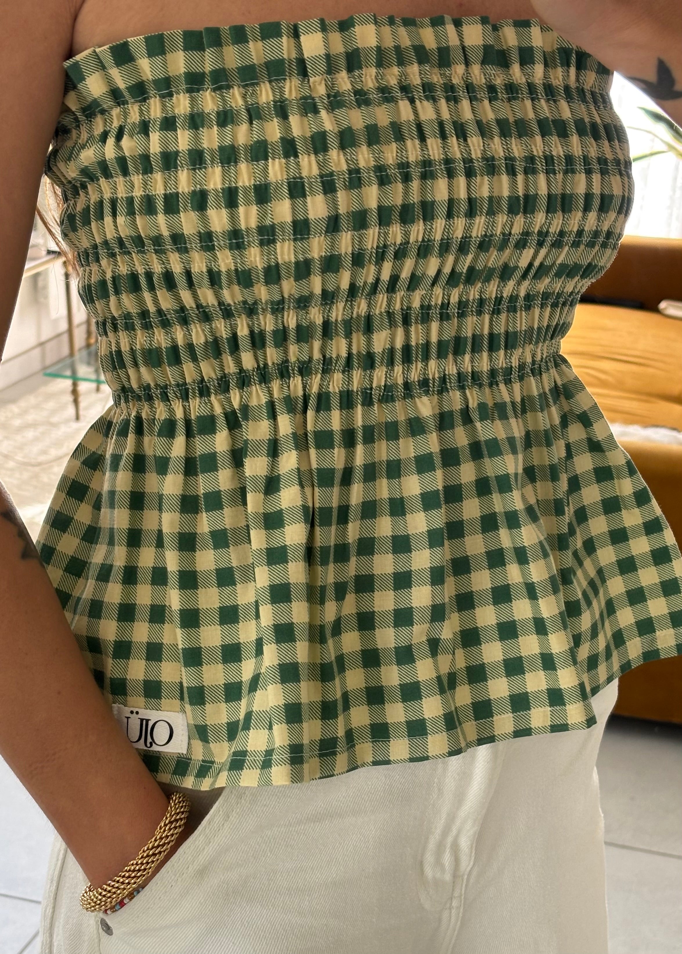 Top smocké vichy vert - Pièce unique