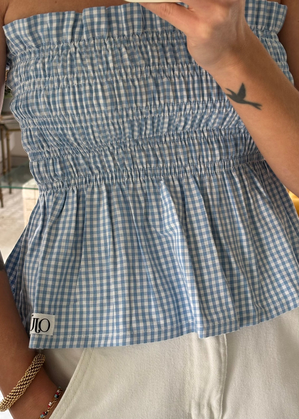 Top smocké vichy bleu et blanc – Pièce unique