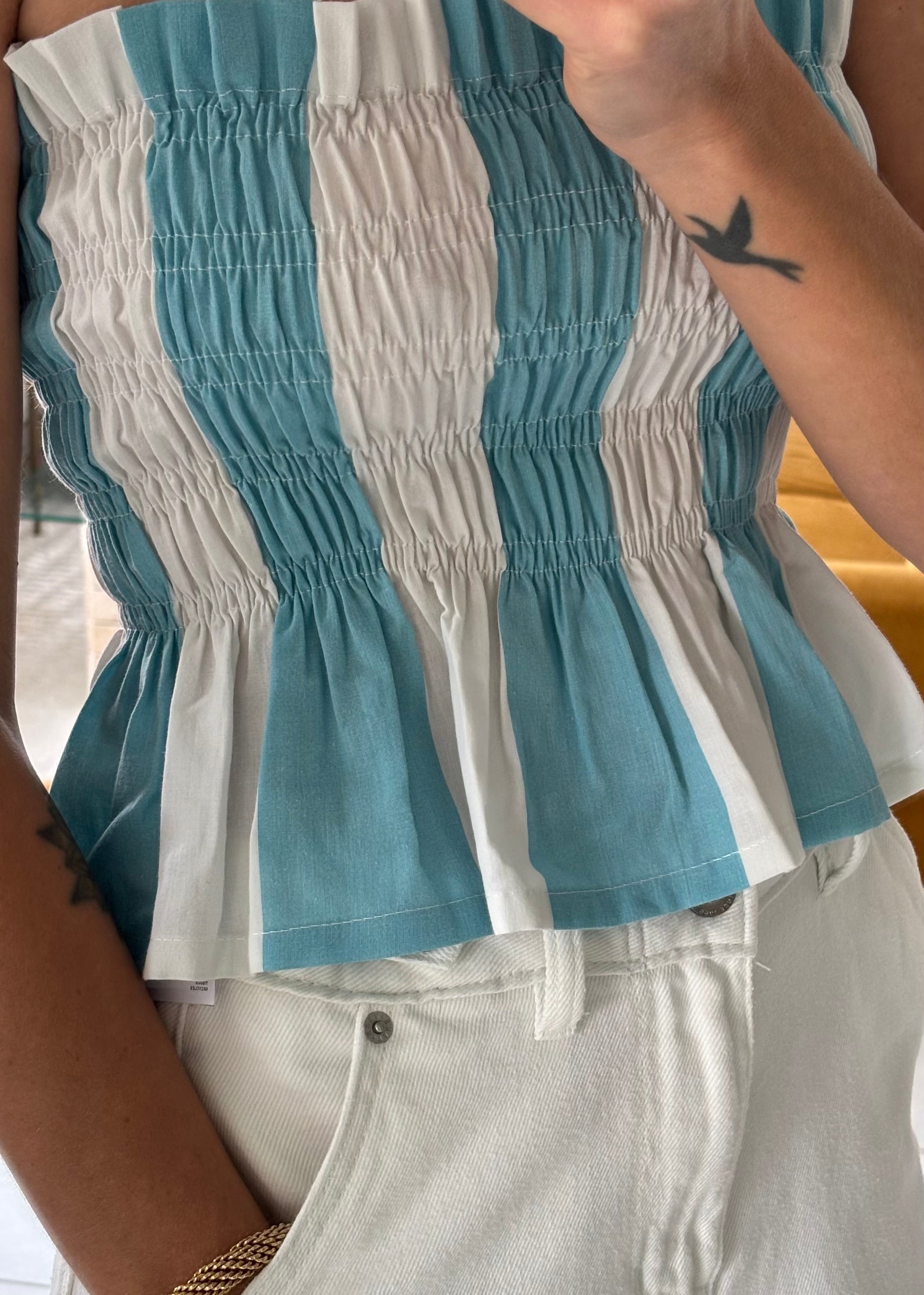 Top smocké rayé bleu et blanc – Pièce unique