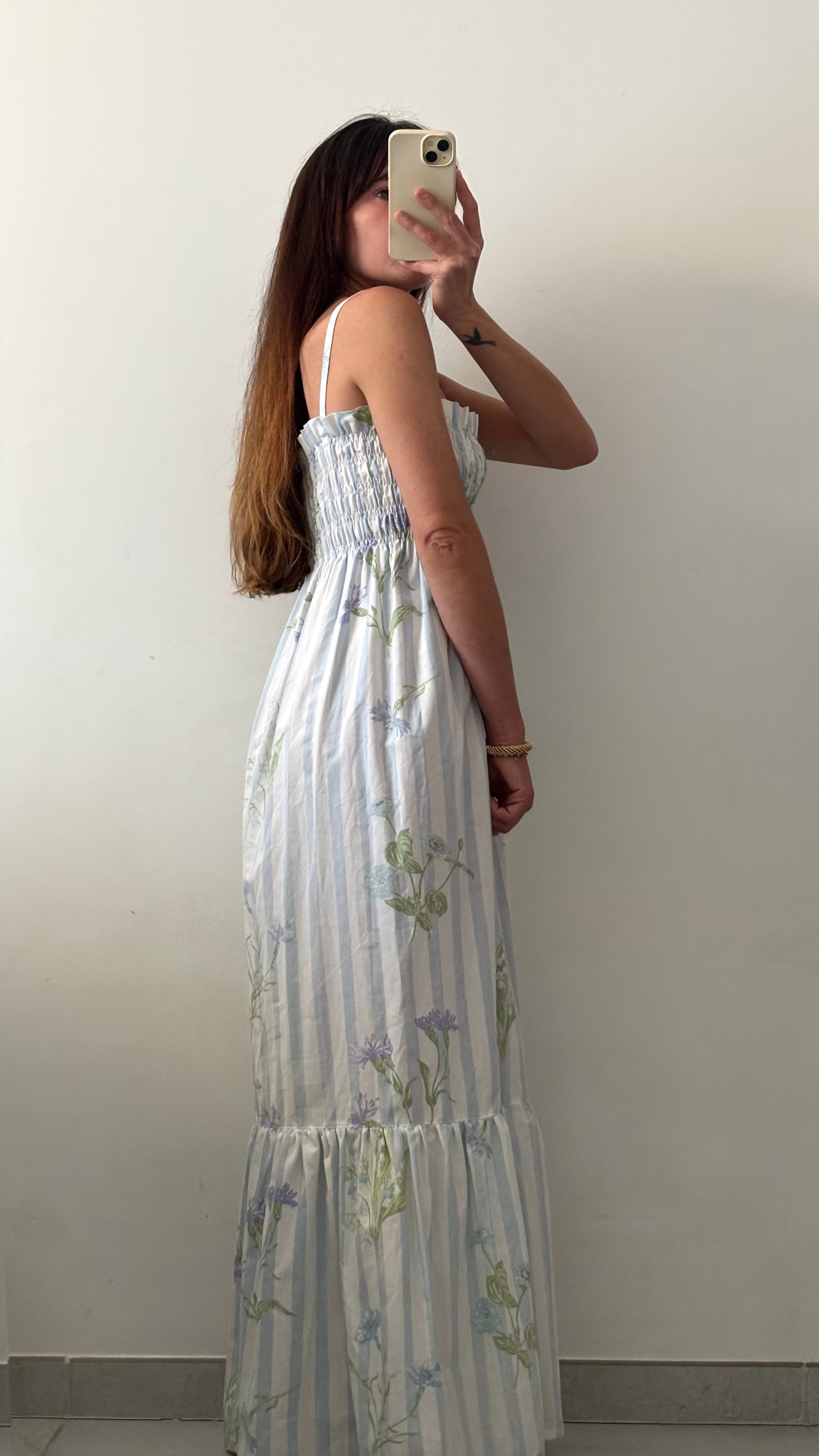 Robe longue smockée Rayures et fleurs – Pièce unique