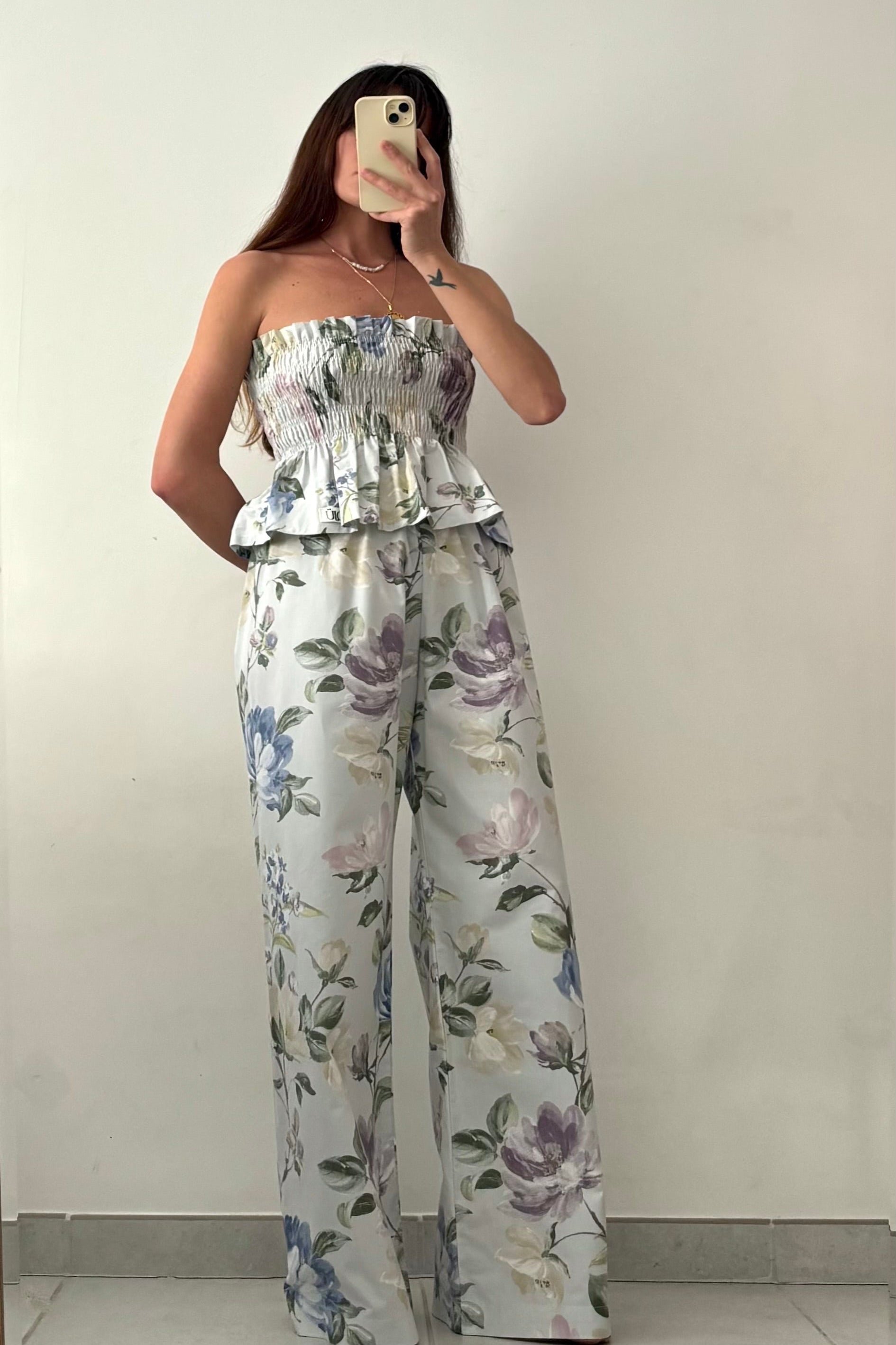Ensemble Top + Pantalon Fleurs Bleu – Pièce unique