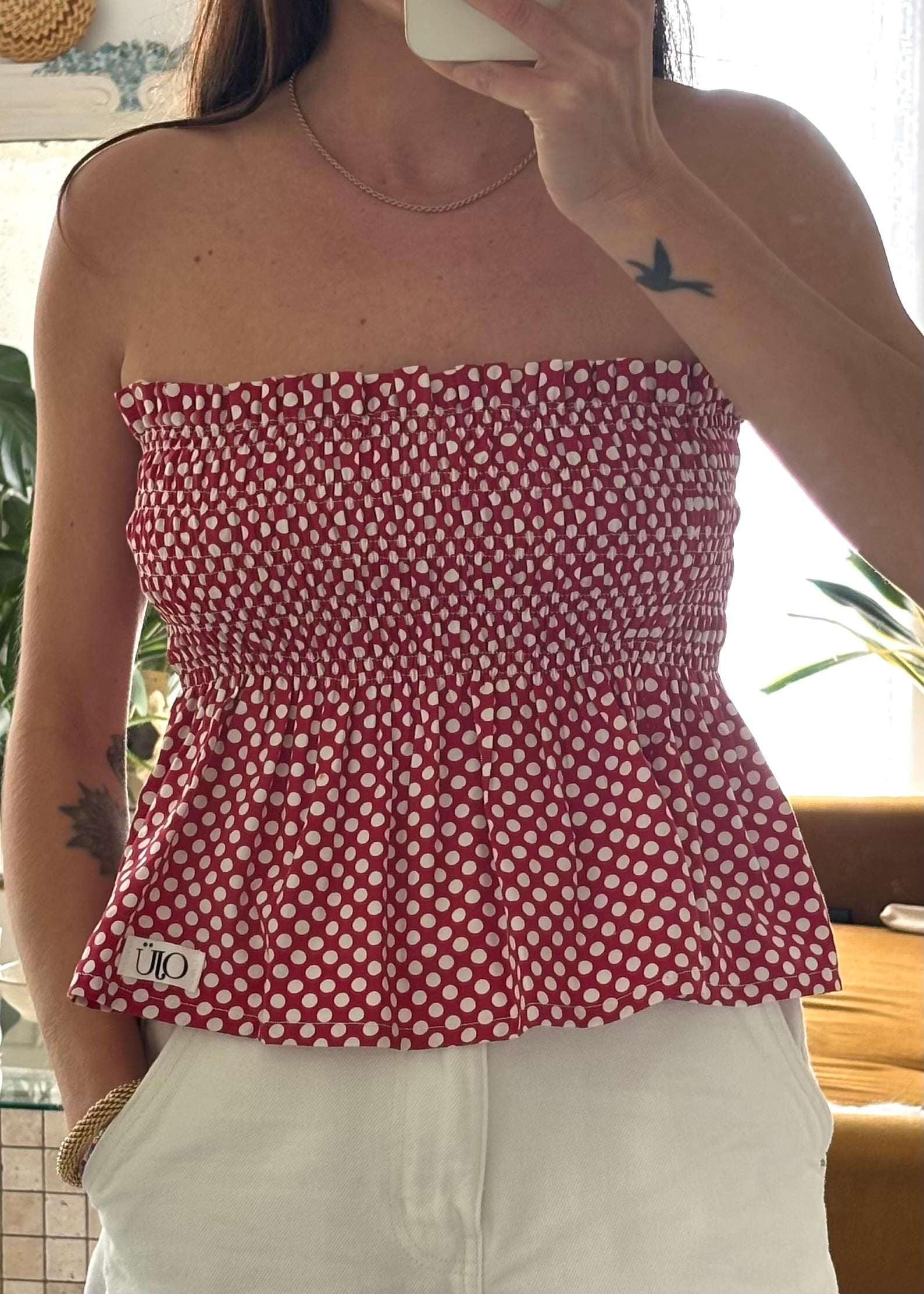 Top smocké pois rouge - Pièce unique