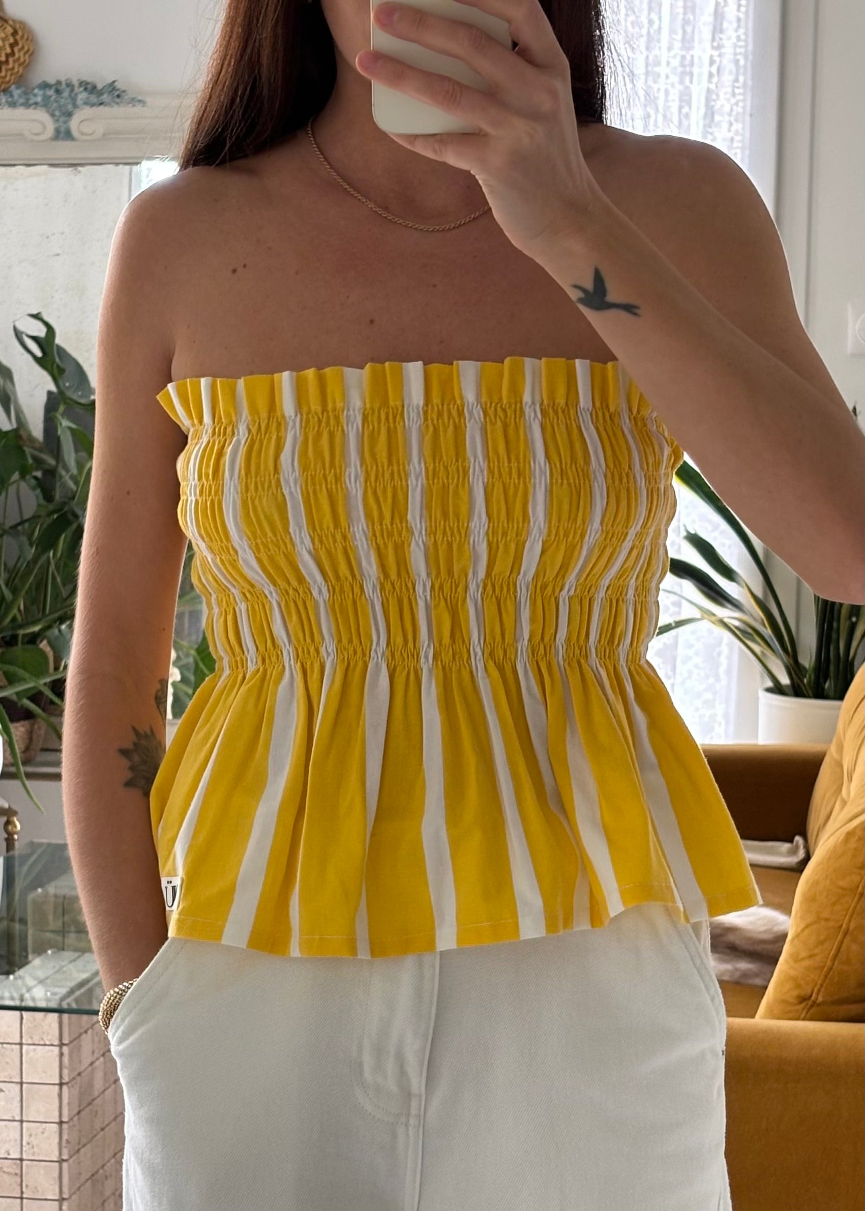 Top smocké Rayé jaune et blanc – Pièce unique