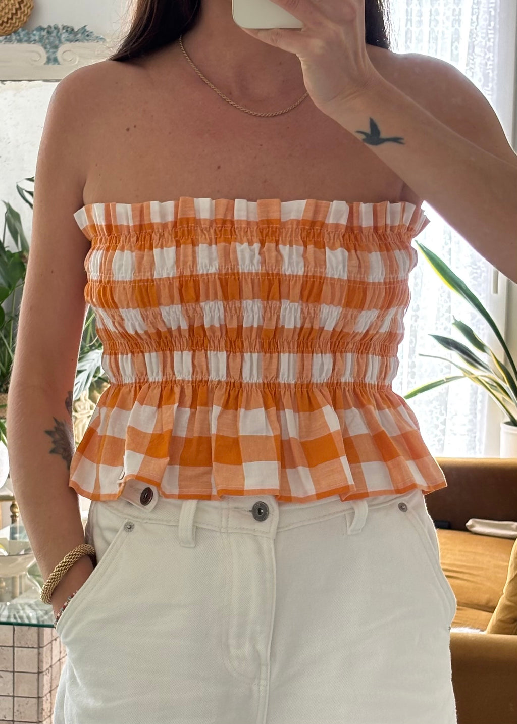 Top smocké vichy orange - Pièce unique