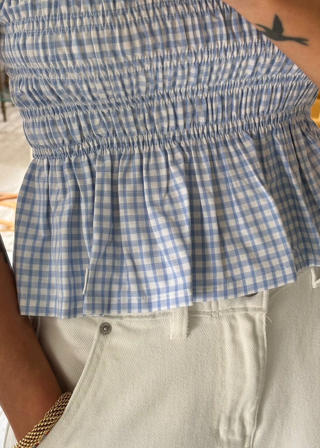 Top smocké vichy bleu et blanc – Pièce unique