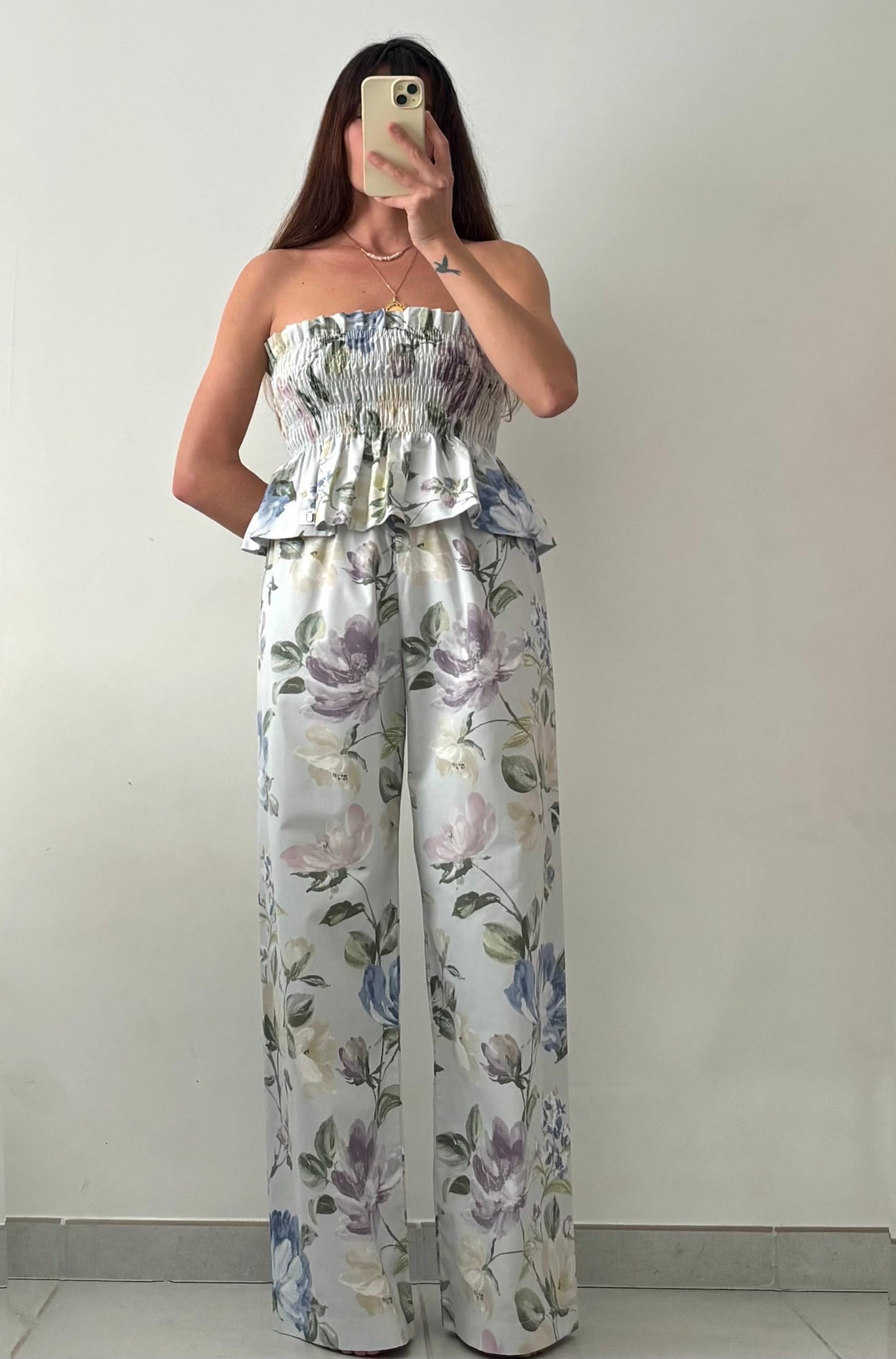 Ensemble Top + Pantalon Fleurs Bleu – Pièce unique