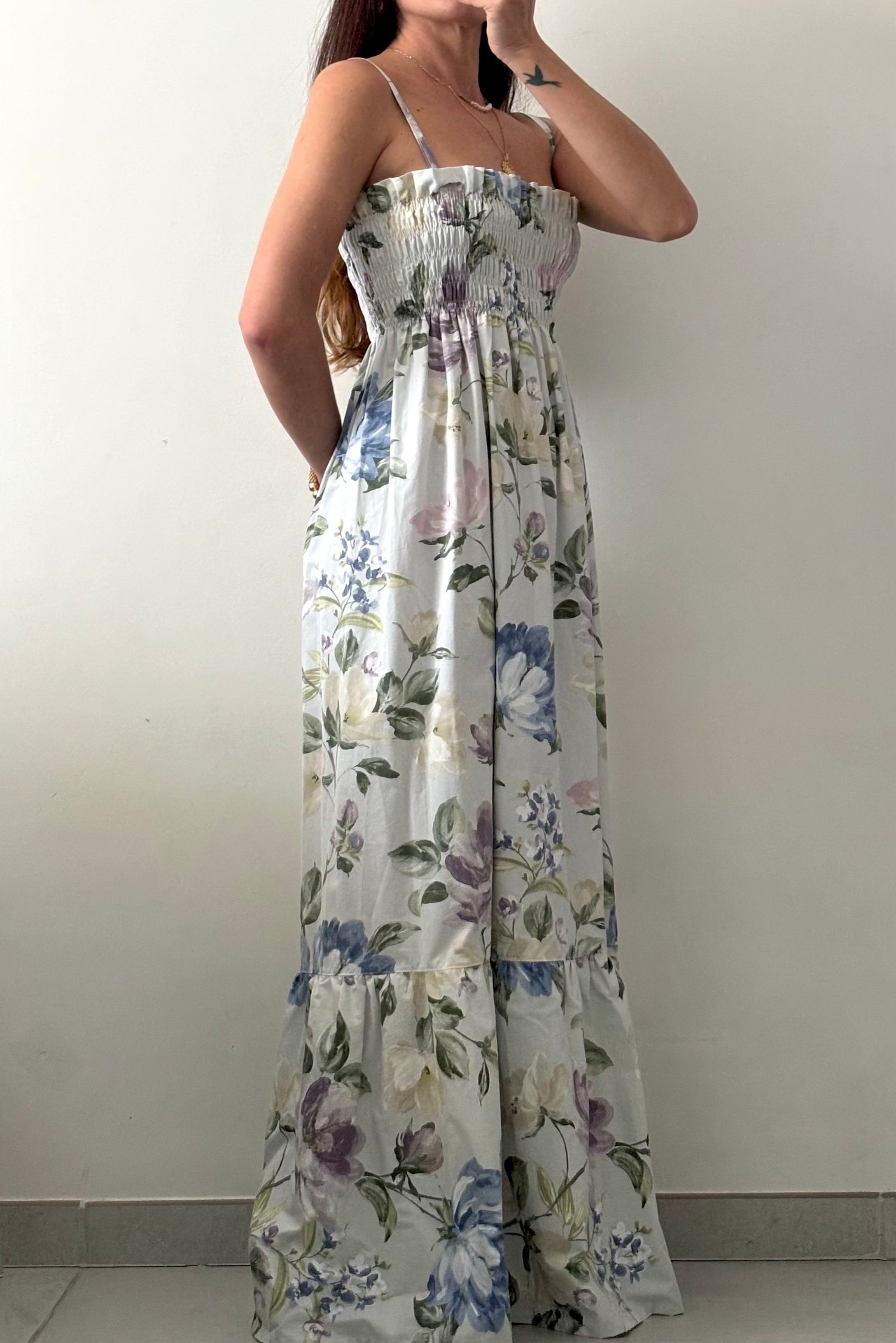Robe longue smockée Fleurs – Pièce unique