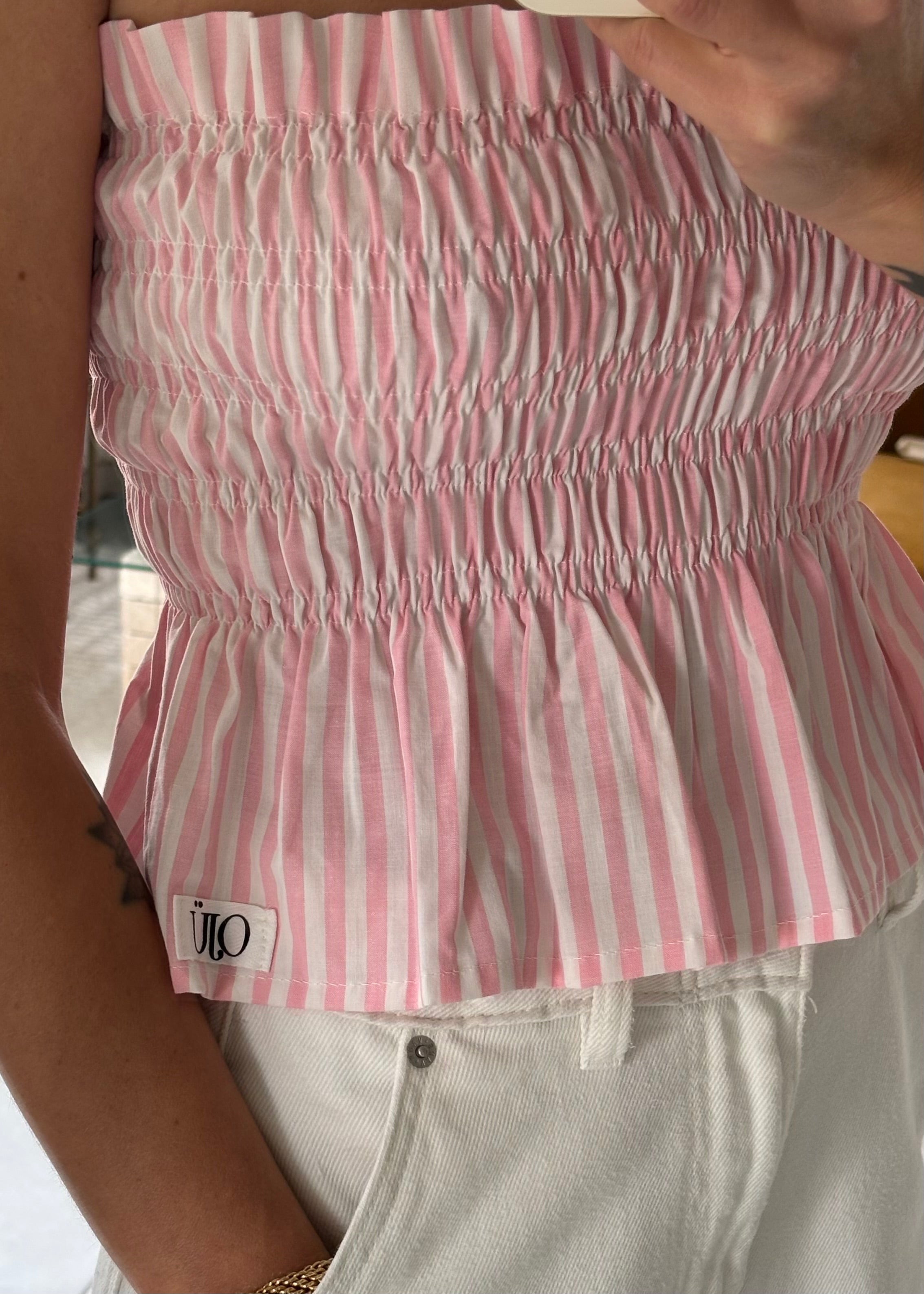 Top smocké rayé rose et blanc – Pièce unique