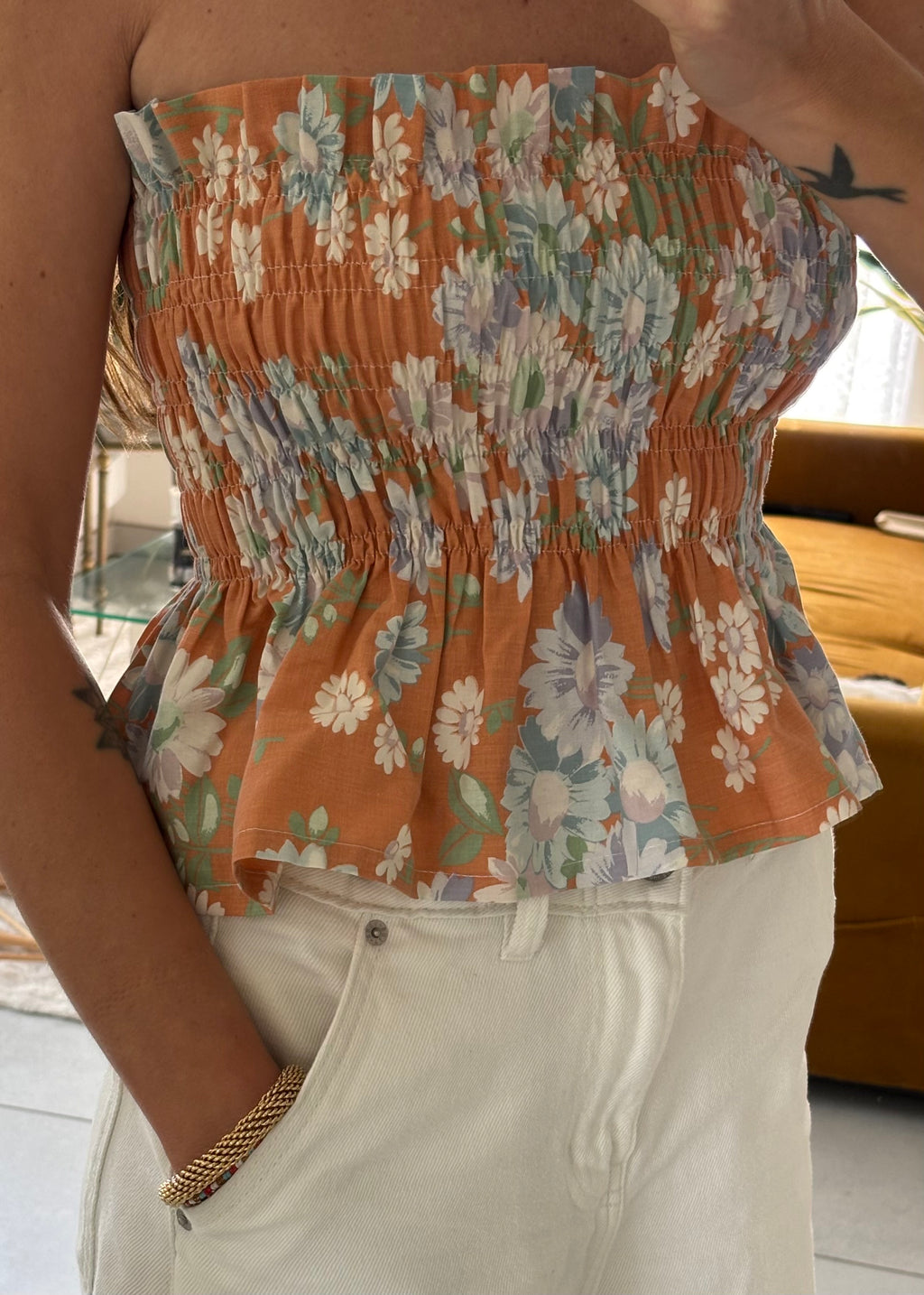 Top smocké fleurs vintage - Pièce unique