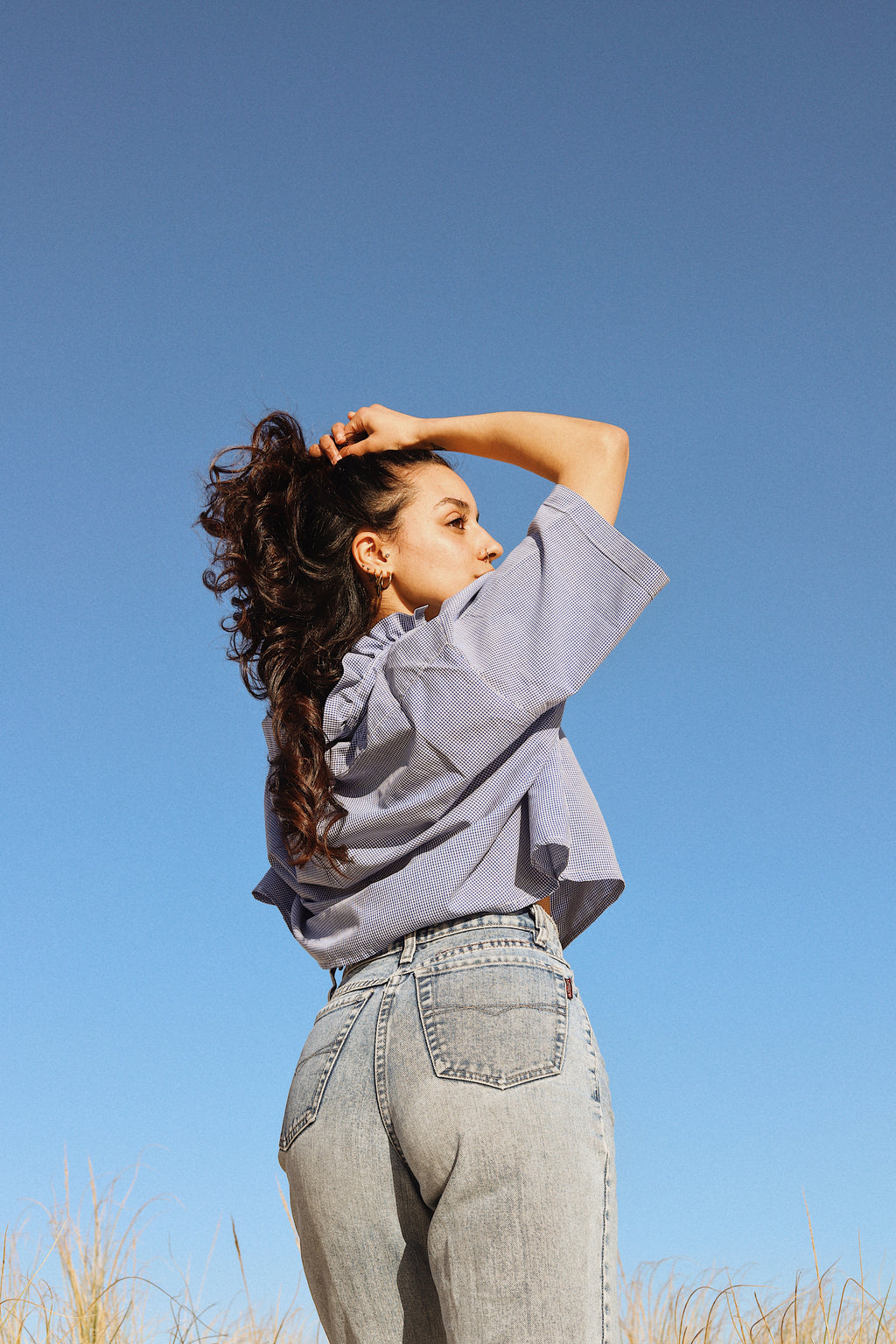 Chemise col volant Vichy bleu et blanc – Pièce unique