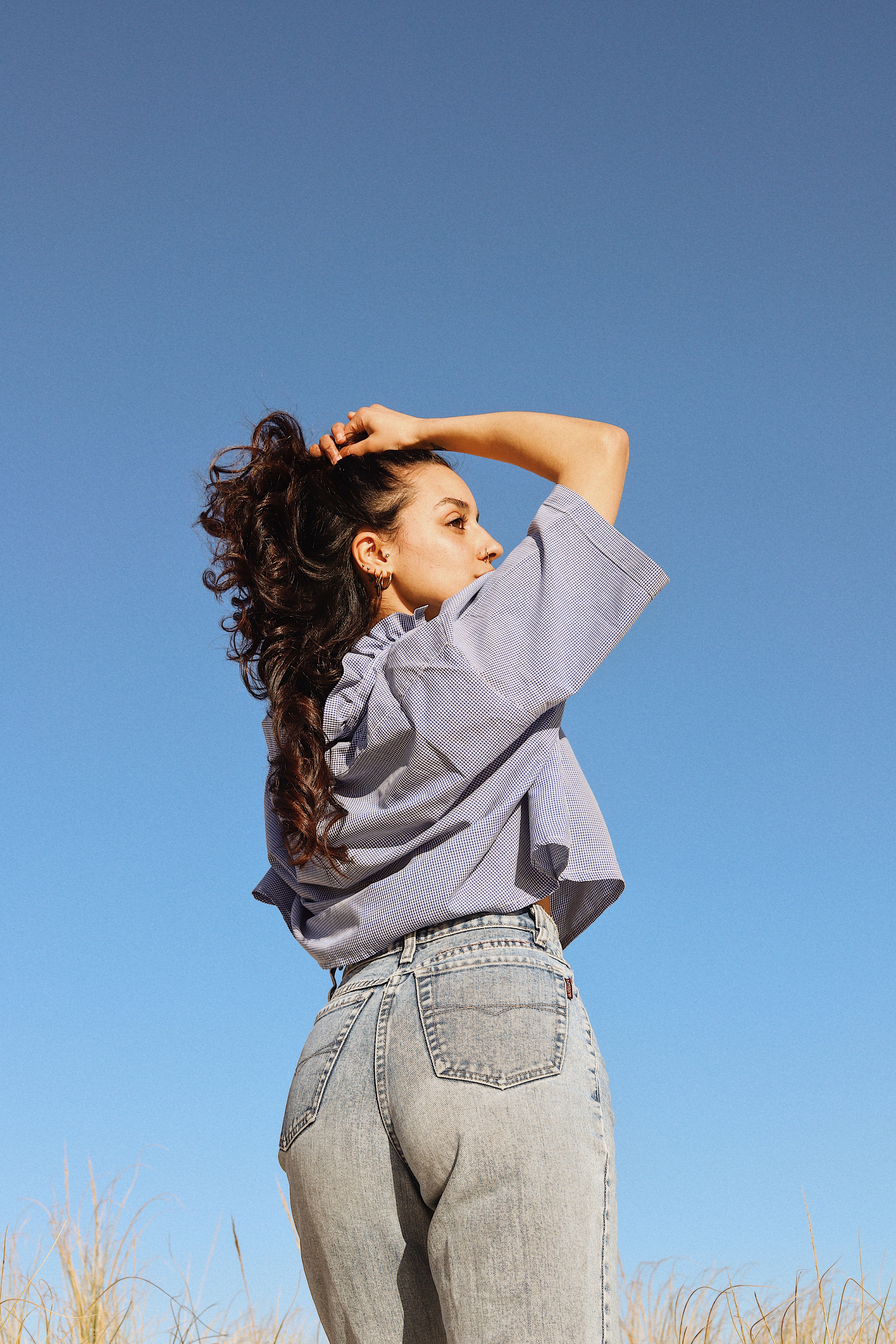 Chemise col volant Vichy bleu et blanc – Pièce unique