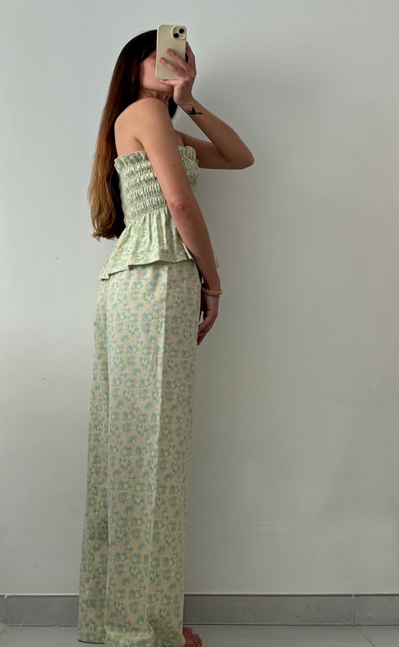 Ensemble Top + Pantalon vert et fleurs lilas – Pièce unique