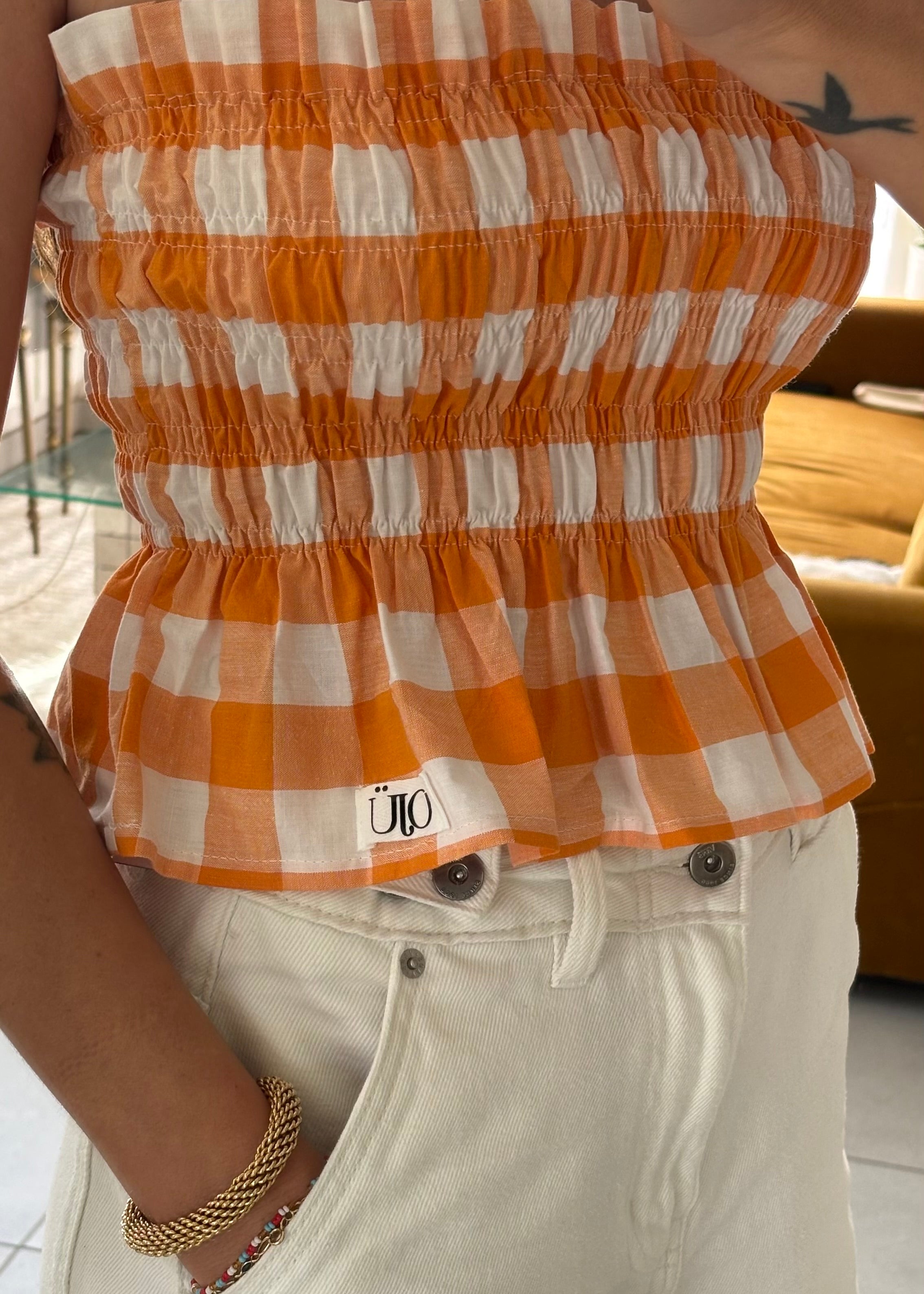 Top smocké vichy orange - Pièce unique