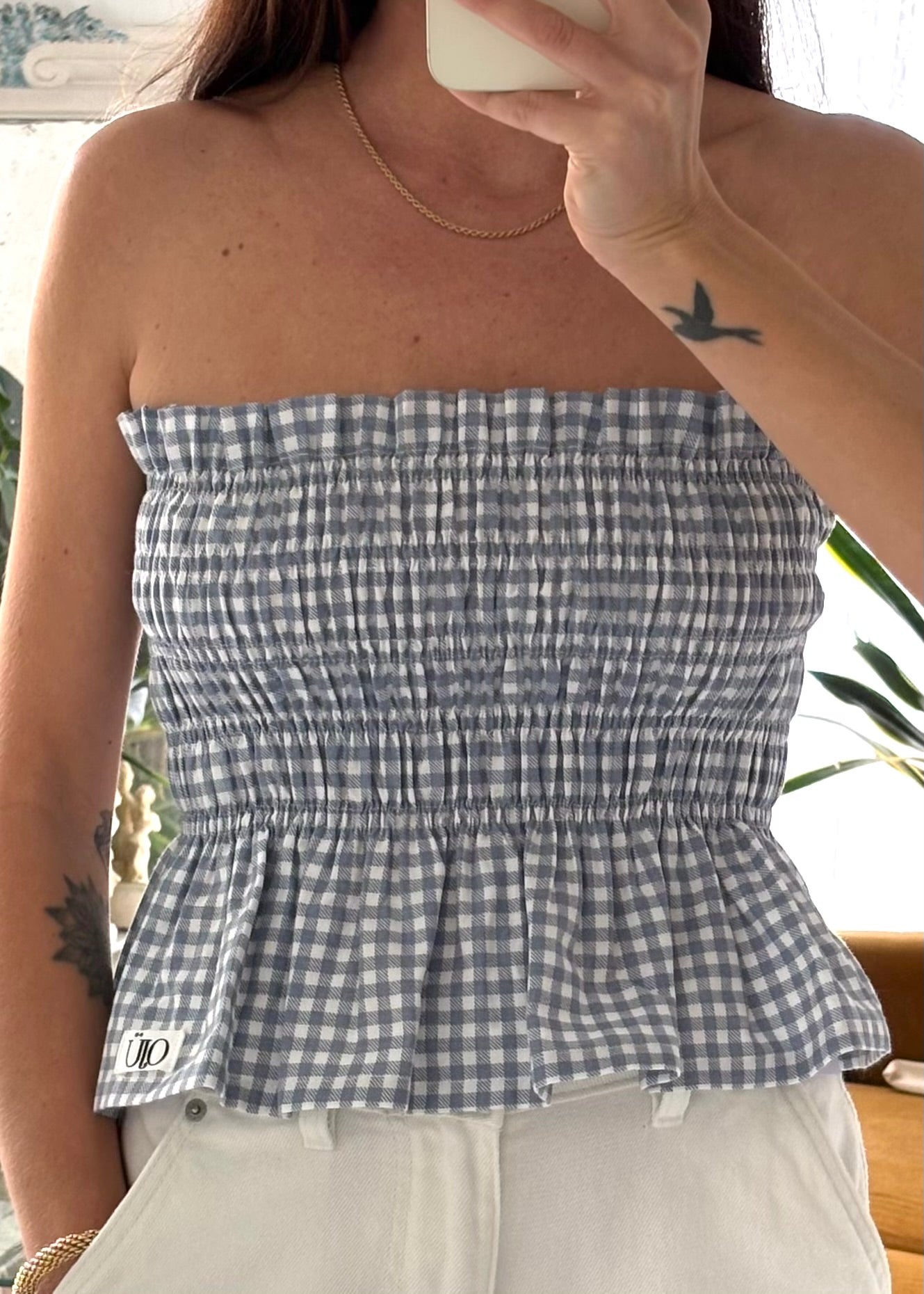 Top smocké vichy bleu et blanc – Pièce unique