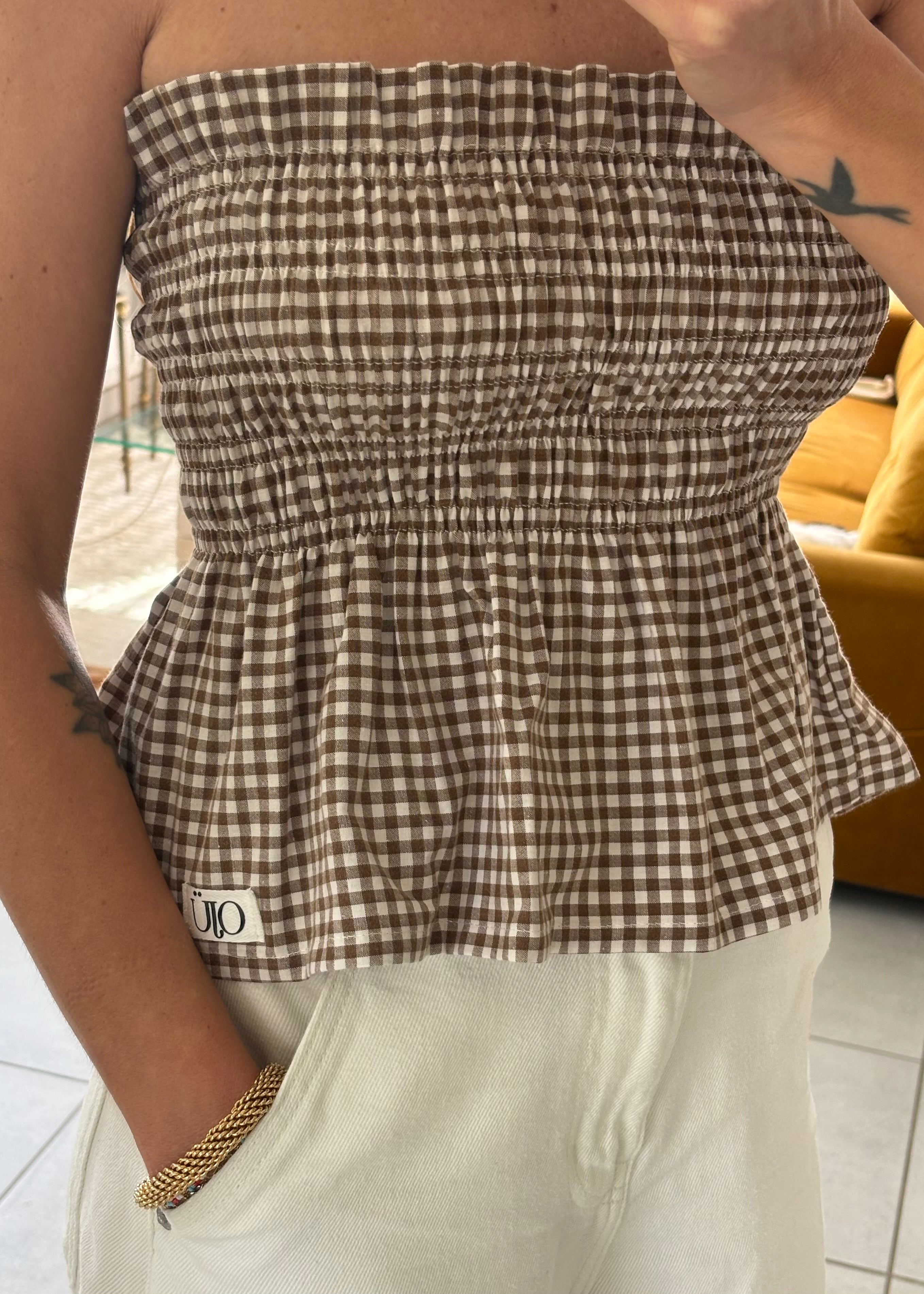 Top smocké vichy marron