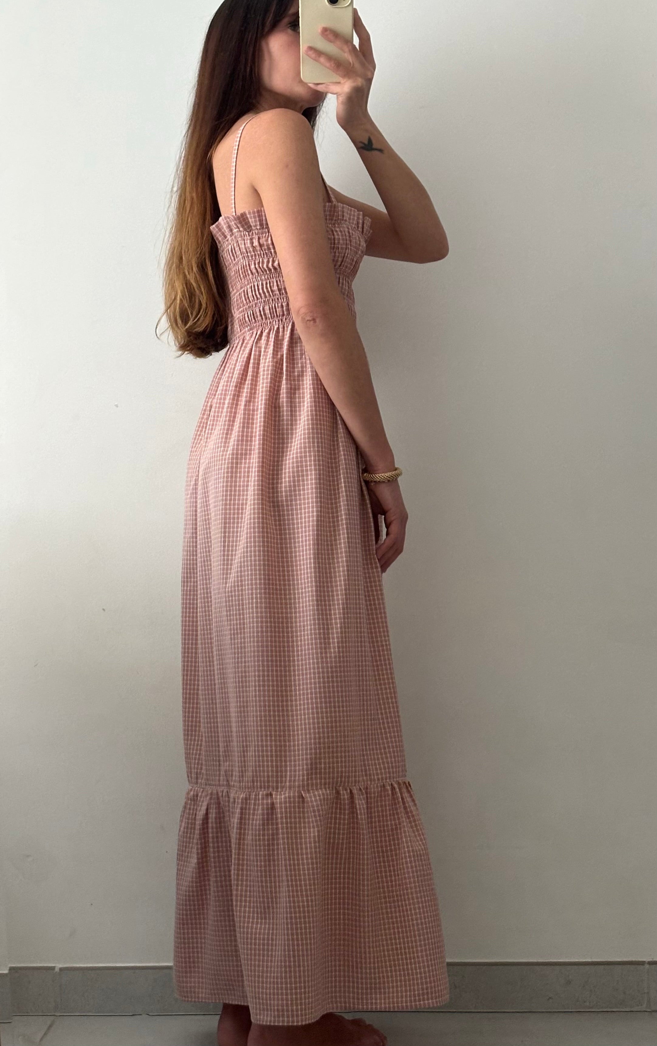 Robe longue smockée Vieux rose – Pièce unique