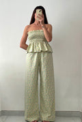 Ensemble Top + Pantalon vert et fleurs lilas – Pièce unique
